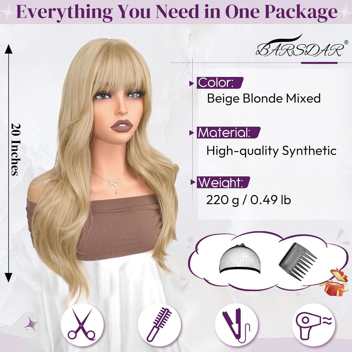Beige Blond Perücke mit Pony, 50cm Wellige Synthetik Perücke