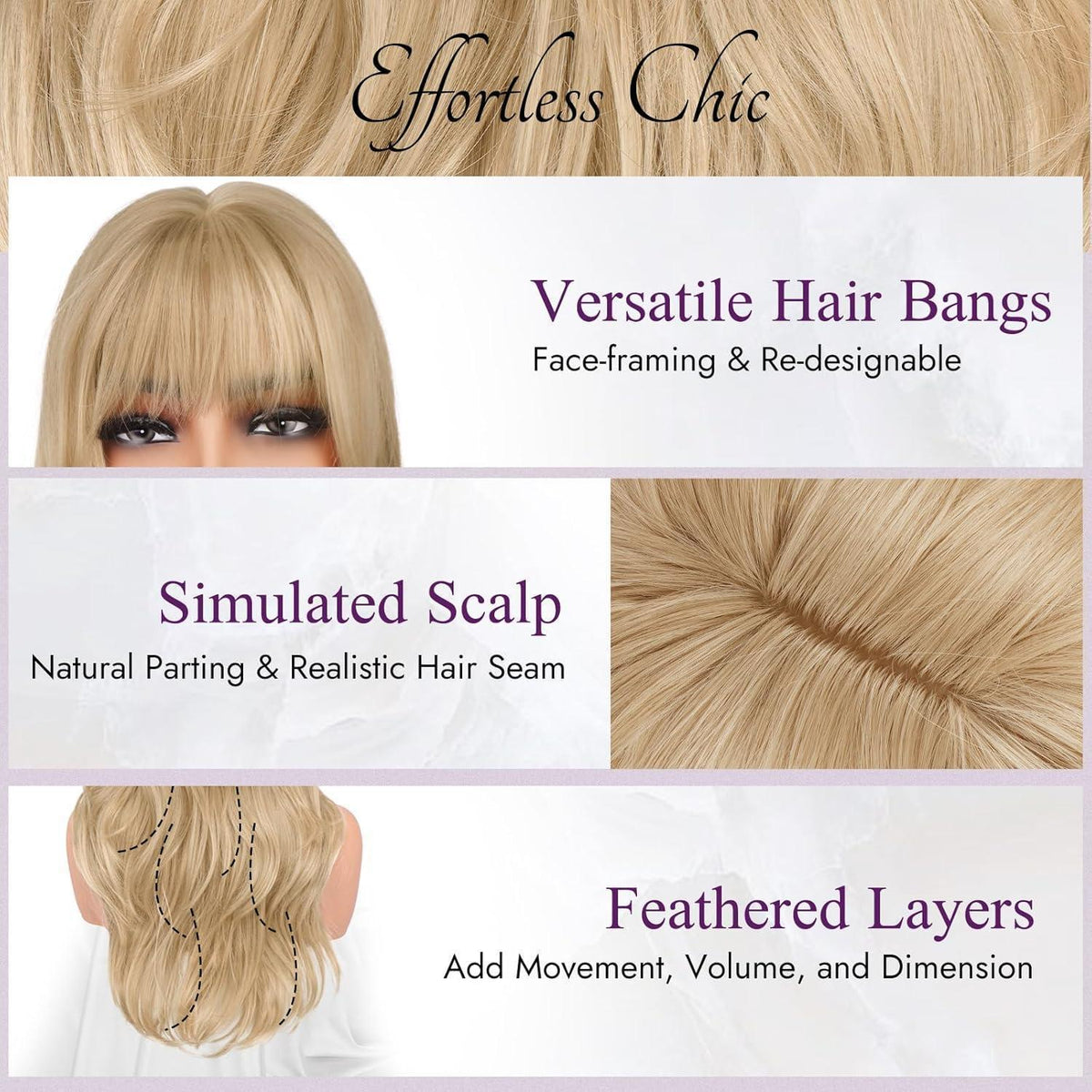 Beige Blond Perücke mit Pony, 50cm Wellige Synthetik Perücke