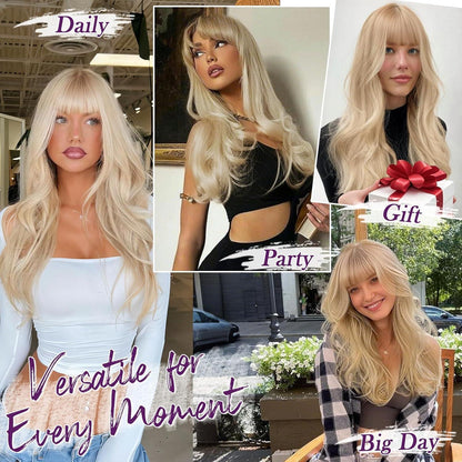 Beige Blond Perücke mit Pony, 50cm Wellige Synthetik Perücke
