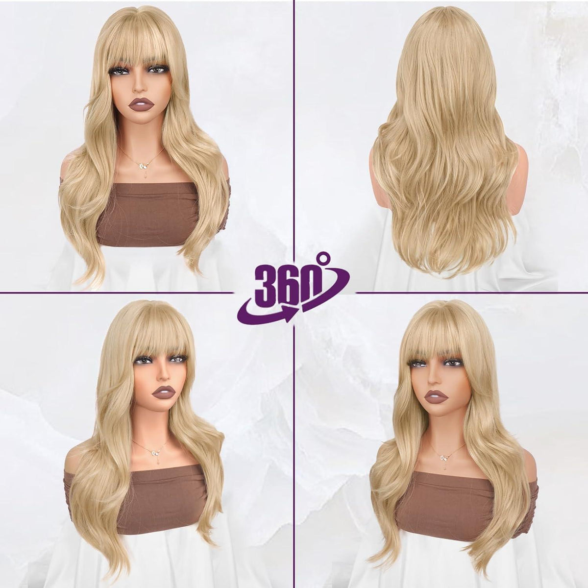 Beige Blond Perücke mit Pony, 50cm Wellige Synthetik Perücke