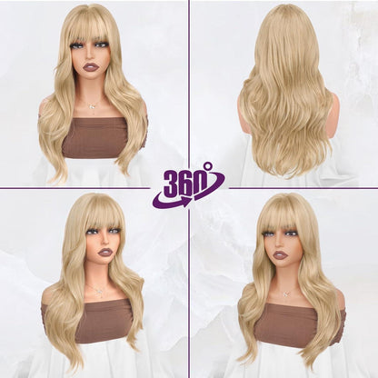 Beige Blond Perücke mit Pony, 50cm Wellige Synthetik Perücke