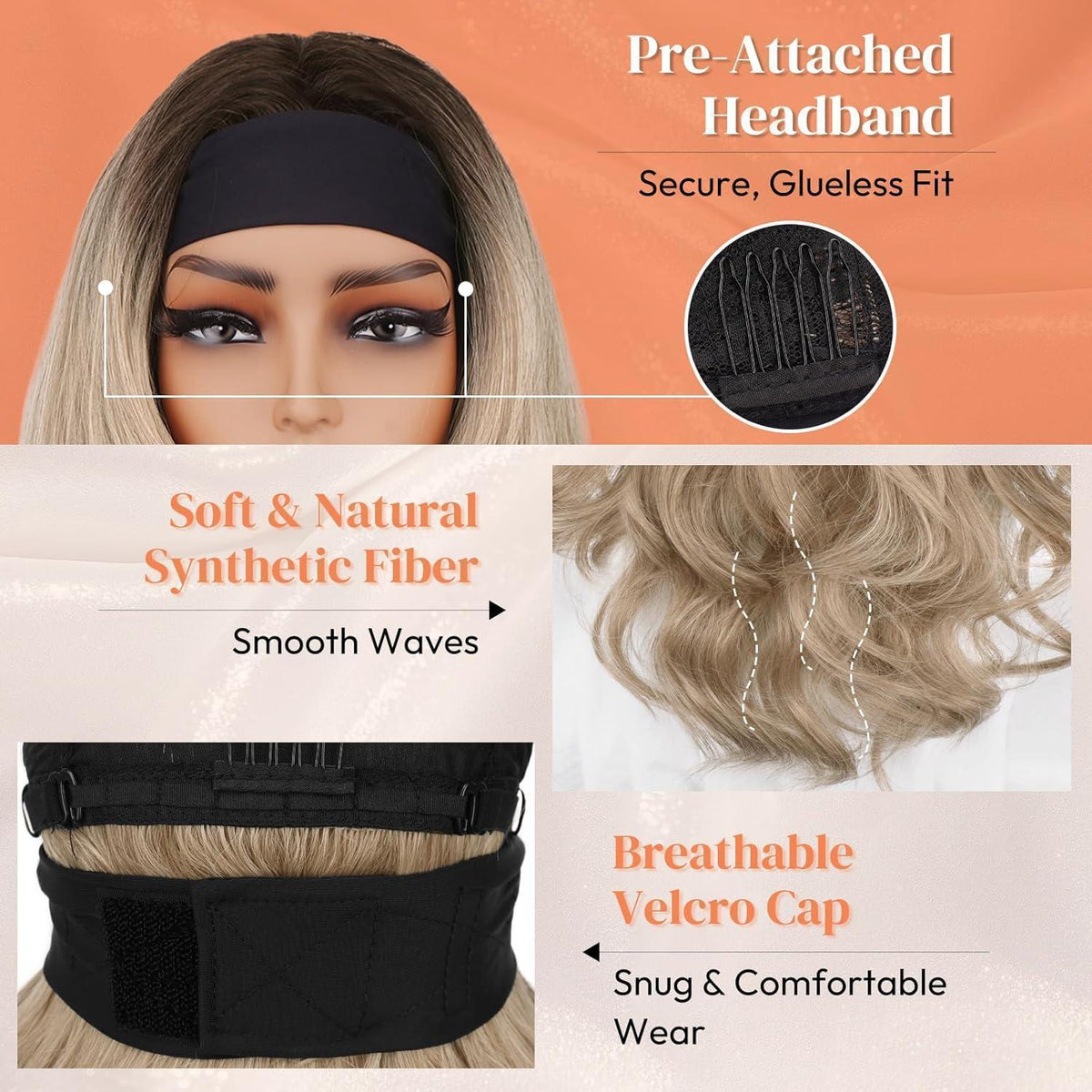 Ombre Blond Gewellte Stirnband Perücke 66cm – Kleberlos & Natürlich