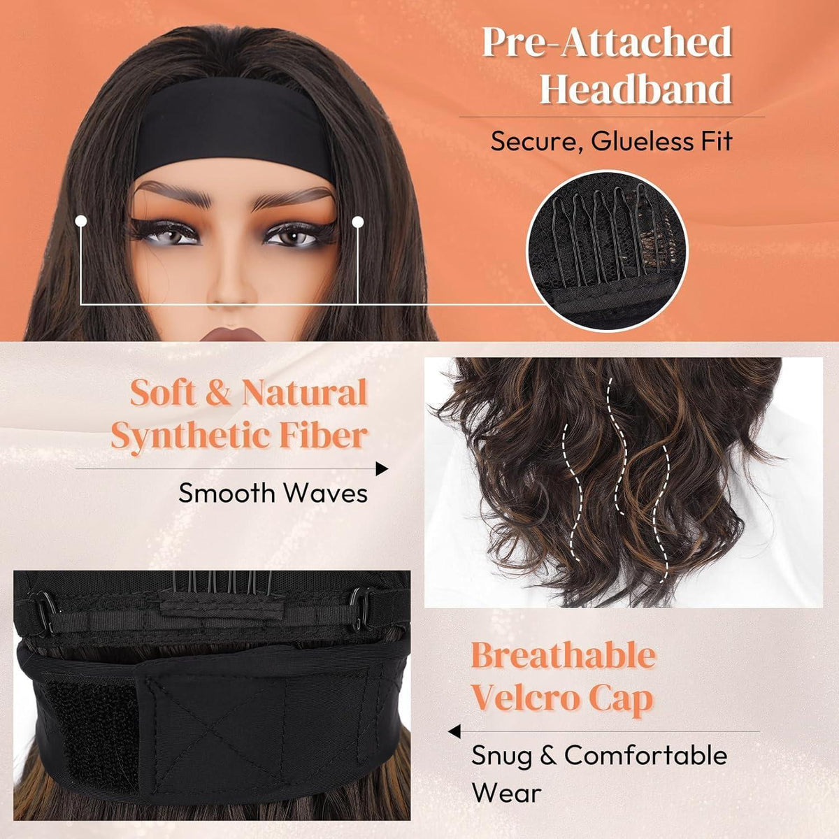 Braune Loose Wave Stirnband Perücke 66cm – Wear & Go