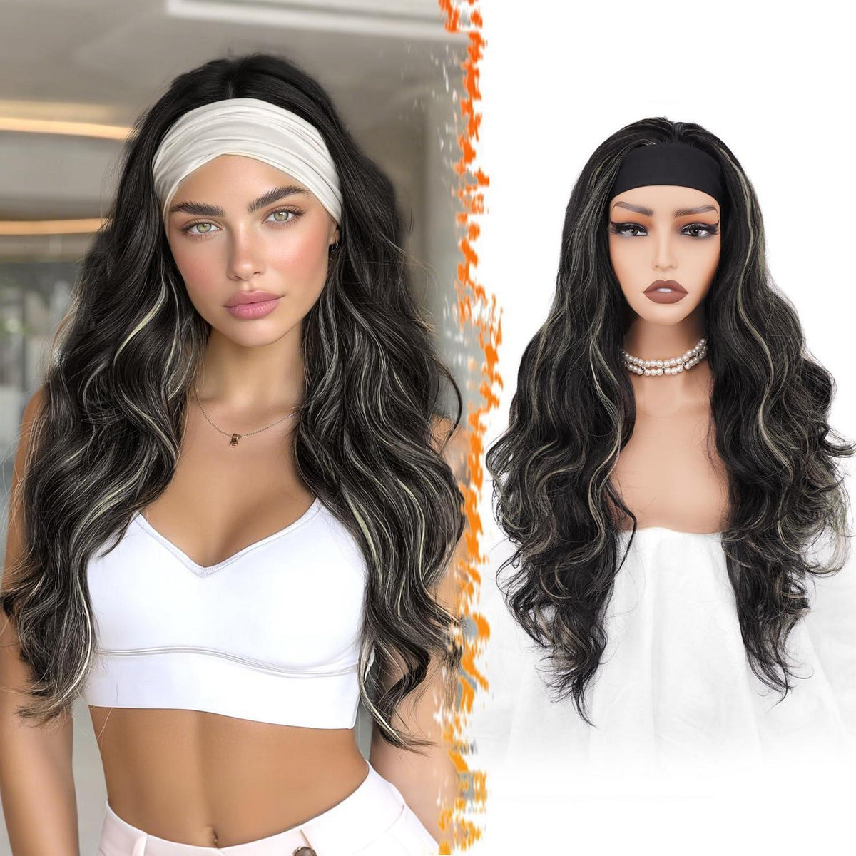 66cm Lockere Wellen Stirnband Perücke Schwarz mit Blond Highlights