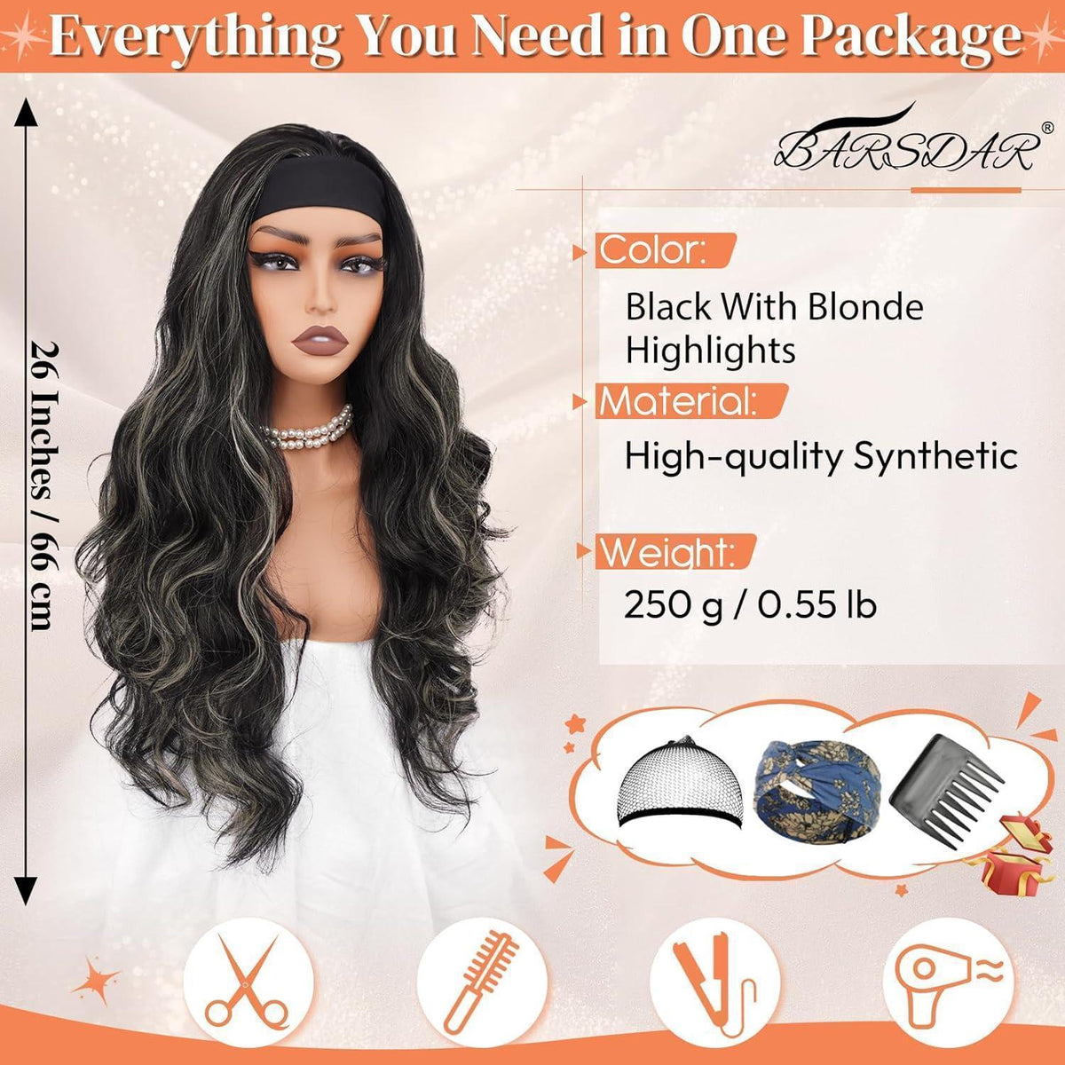 66cm Lockere Wellen Stirnband Perücke Schwarz mit Blond Highlights