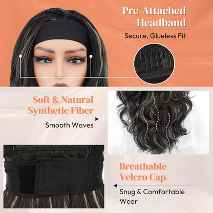 66cm Lockere Wellen Stirnband Perücke Schwarz mit Blond Highlights
