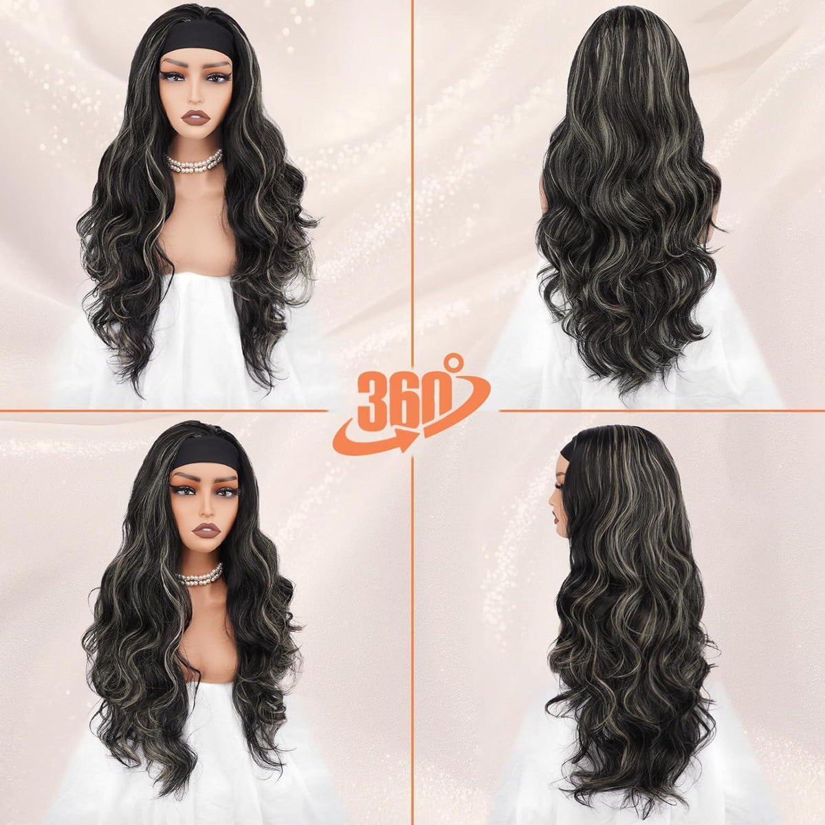 66cm Lockere Wellen Stirnband Perücke Schwarz mit Blond Highlights