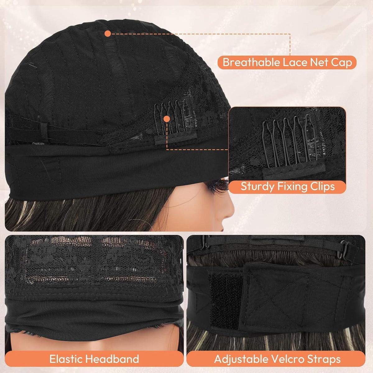 66cm Lockere Wellen Stirnband Perücke Schwarz mit Blond Highlights