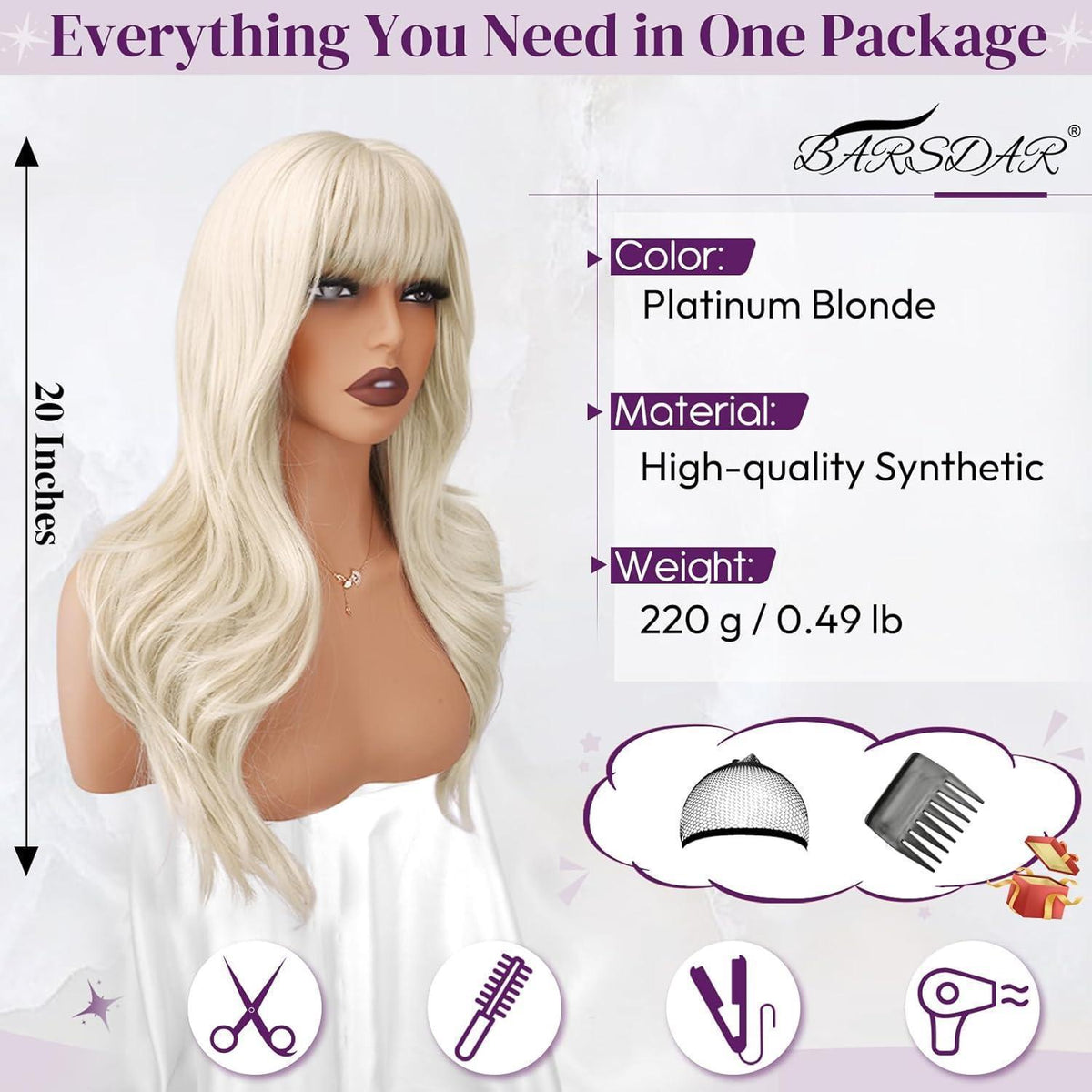 Platinblond Perücke mit Pony, 50cm, gewellt & natürlich