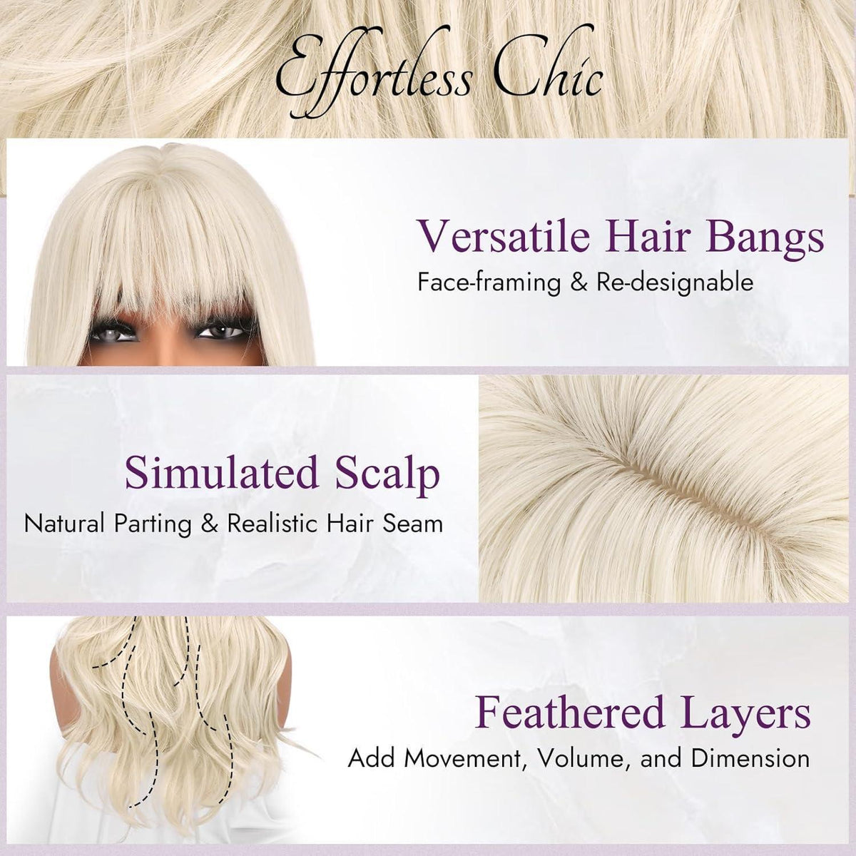 Platinblond Perücke mit Pony, 50cm, gewellt & natürlich