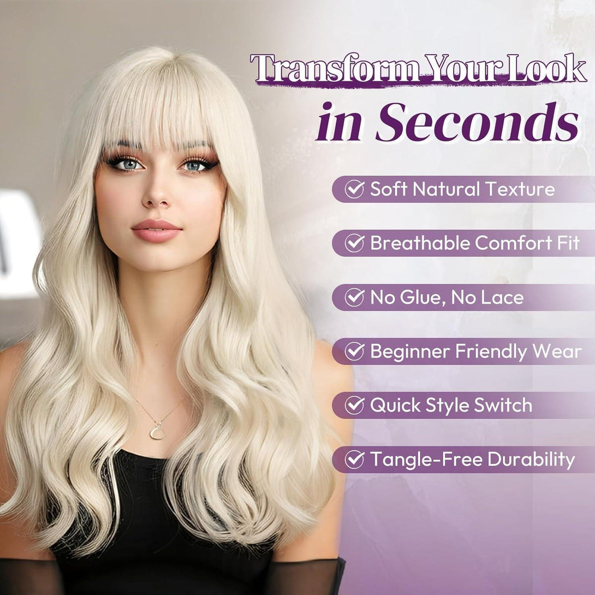 Platinblond Perücke mit Pony, 50cm, gewellt & natürlich
