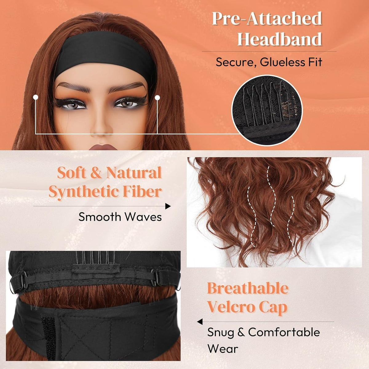Auburn Rote Stirnband Perücke 66cm Locken – Einfach & Natürlich
