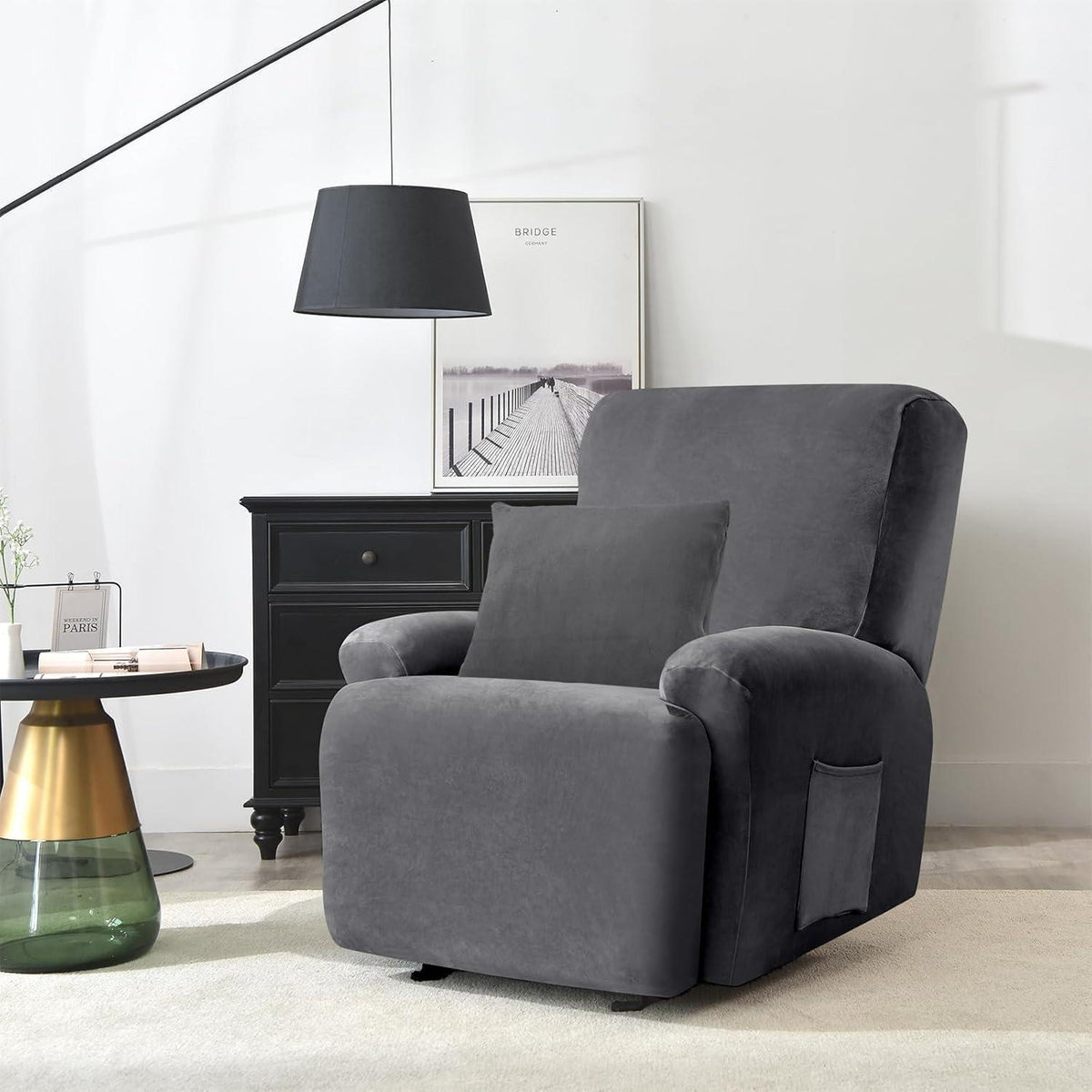 Stretch Sesselbezug Samt Grau – 4-teilig mit Kissenbezug