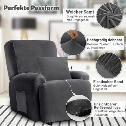 Stretch Sesselbezug Samt Grau – 4-teilig mit Kissenbezug