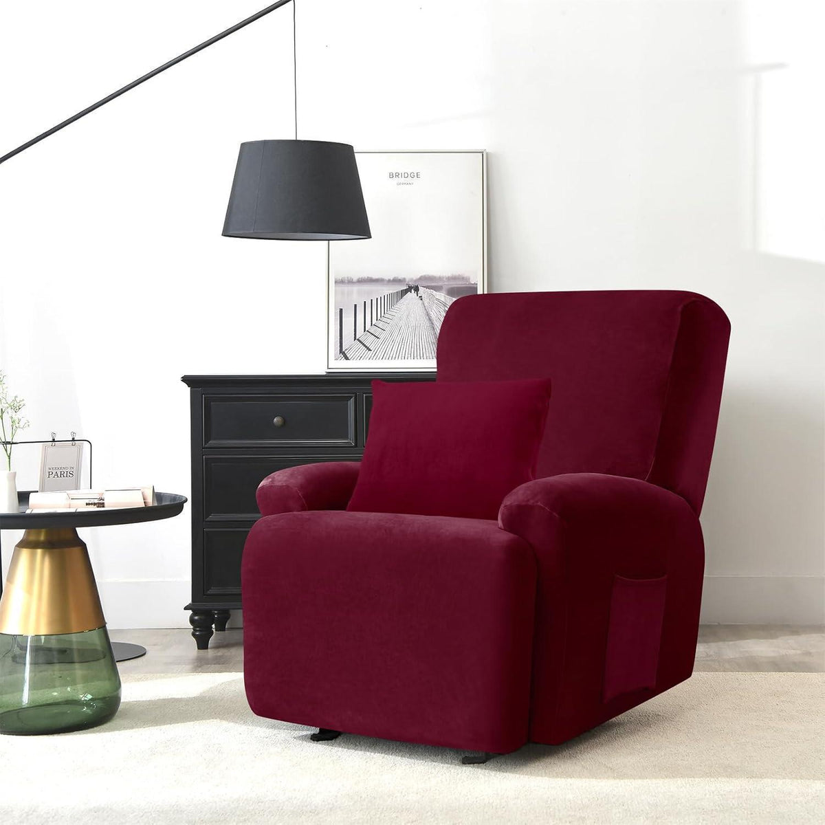 Stretch Sesselbezug Samt Rot, 1 Sitzer | Waschbar & Fleckenresistent