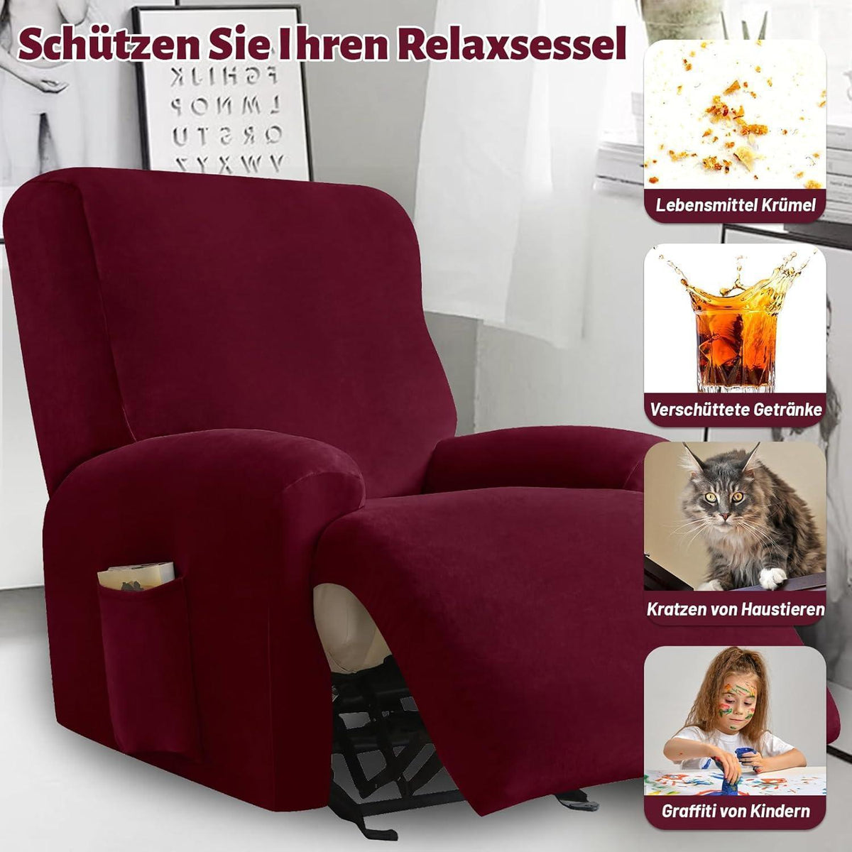 Stretch Sesselbezug Samt Rot, 1 Sitzer | Waschbar & Fleckenresistent