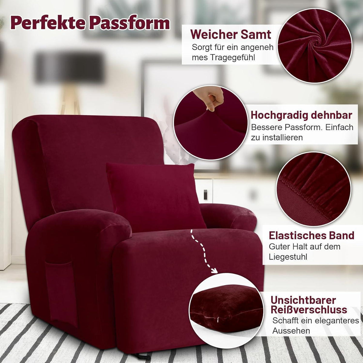 Stretch Sesselbezug Samt Rot, 1 Sitzer | Waschbar & Fleckenresistent