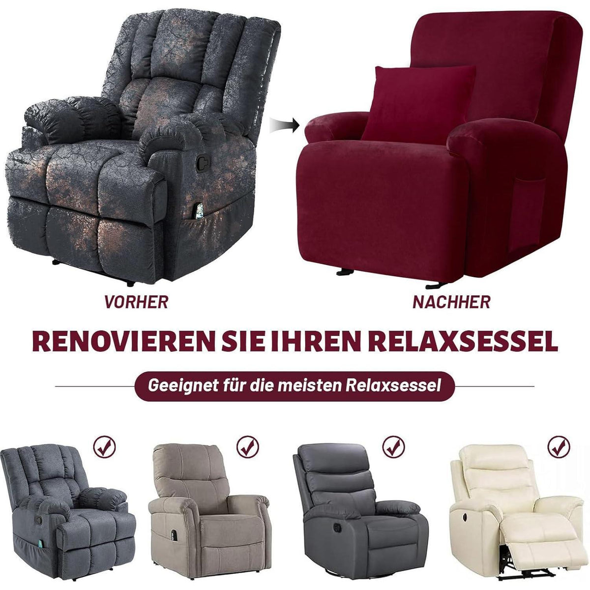 Stretch Sesselbezug Samt Rot, 1 Sitzer | Waschbar & Fleckenresistent