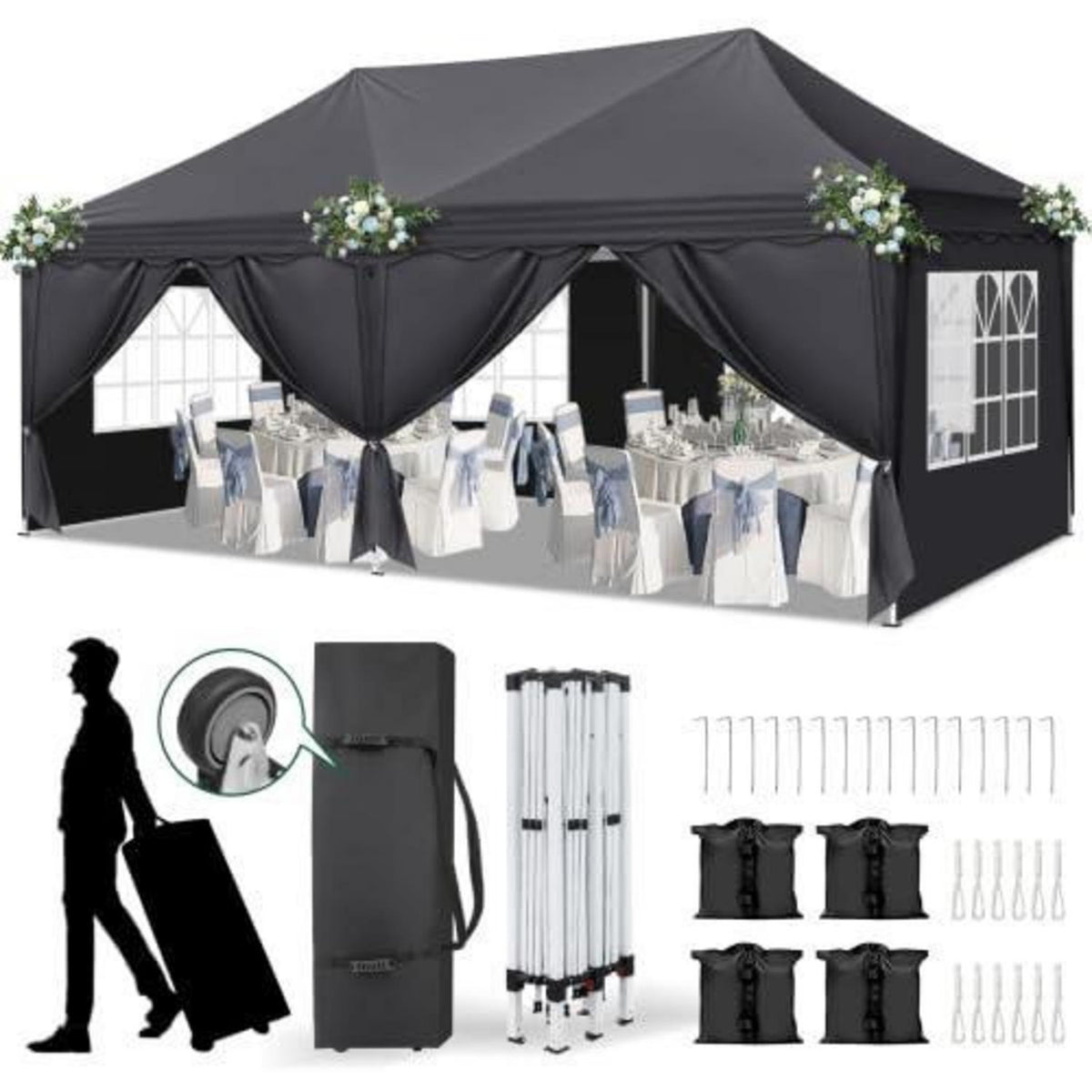 Bonnlo Gazebo 3x6m – Höhenverstellbares Partyzelt mit Seitenteilen