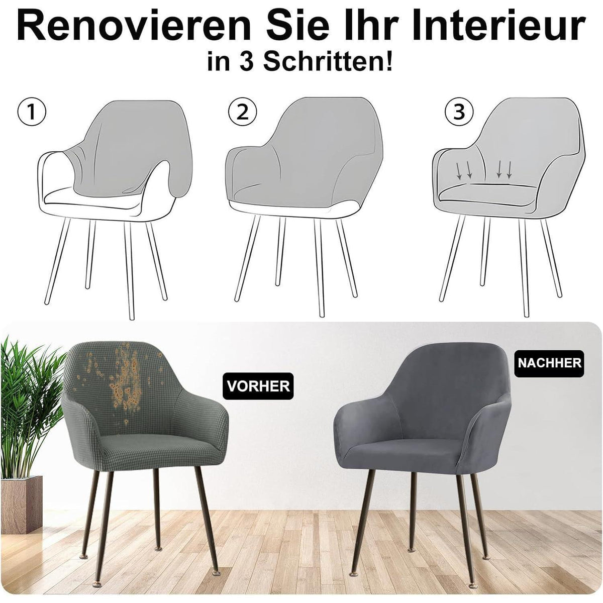 Stretch Samt Stuhlhussen Set - Grau, 4er Pack, Large