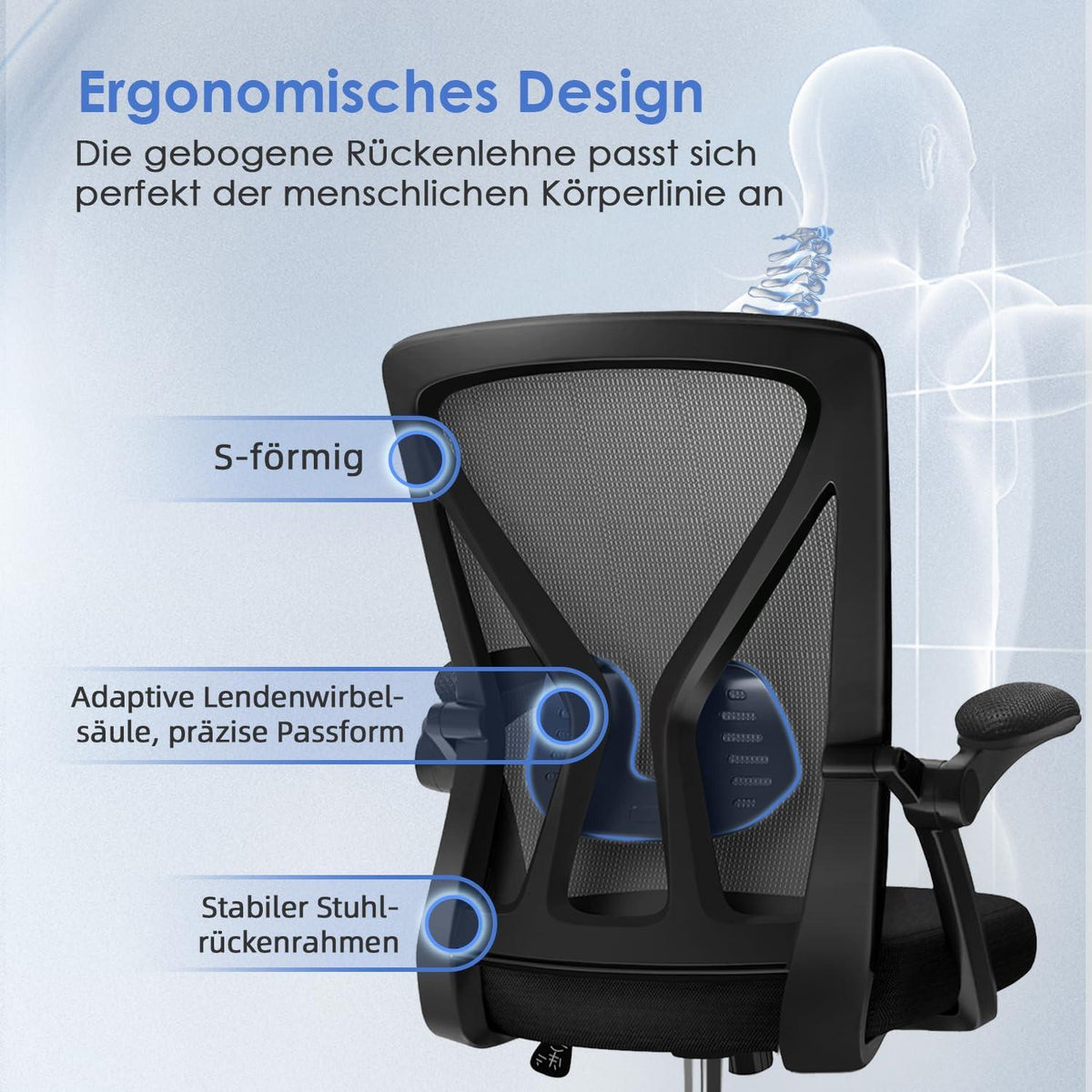 Hinonde Bürostuhl ergonomisch mit Wippfunktion und Armlehnen, bis 150 kg, atmungsaktiv