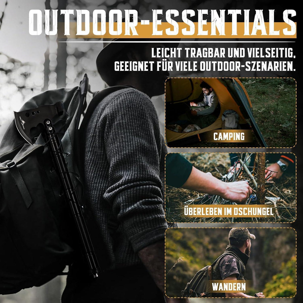 9-in-1 Survival Axt mit Hacke, Camping Multitool, Outdoor Beil