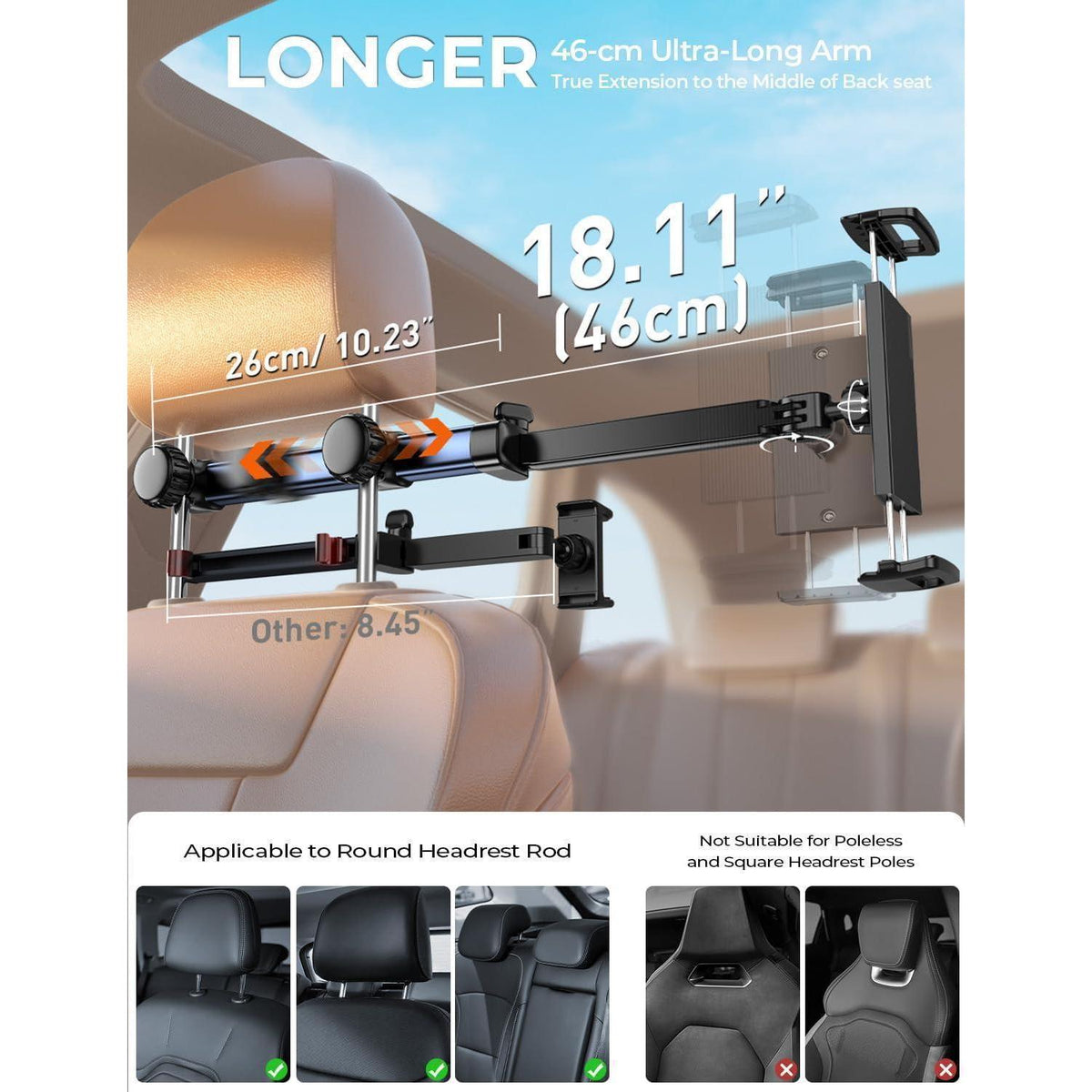 Tablet Halterung Auto Kopfstütze – 46cm Verstellarm