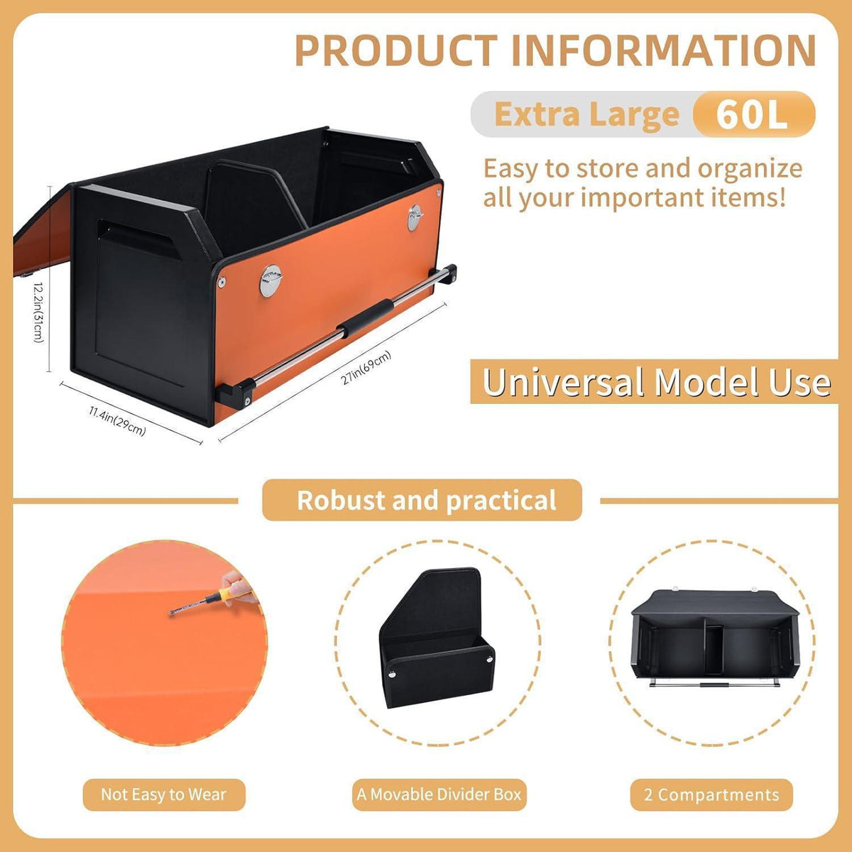Kofferraum Organizer mit Deckel – 60L Faltbare Aufbewahrungsbox Orange