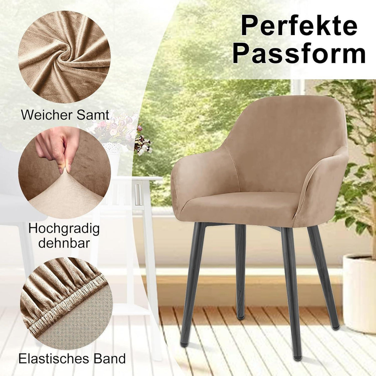 Stretch Samt Stuhlhussen 2er Set - Universal Sesselbezug Kamel