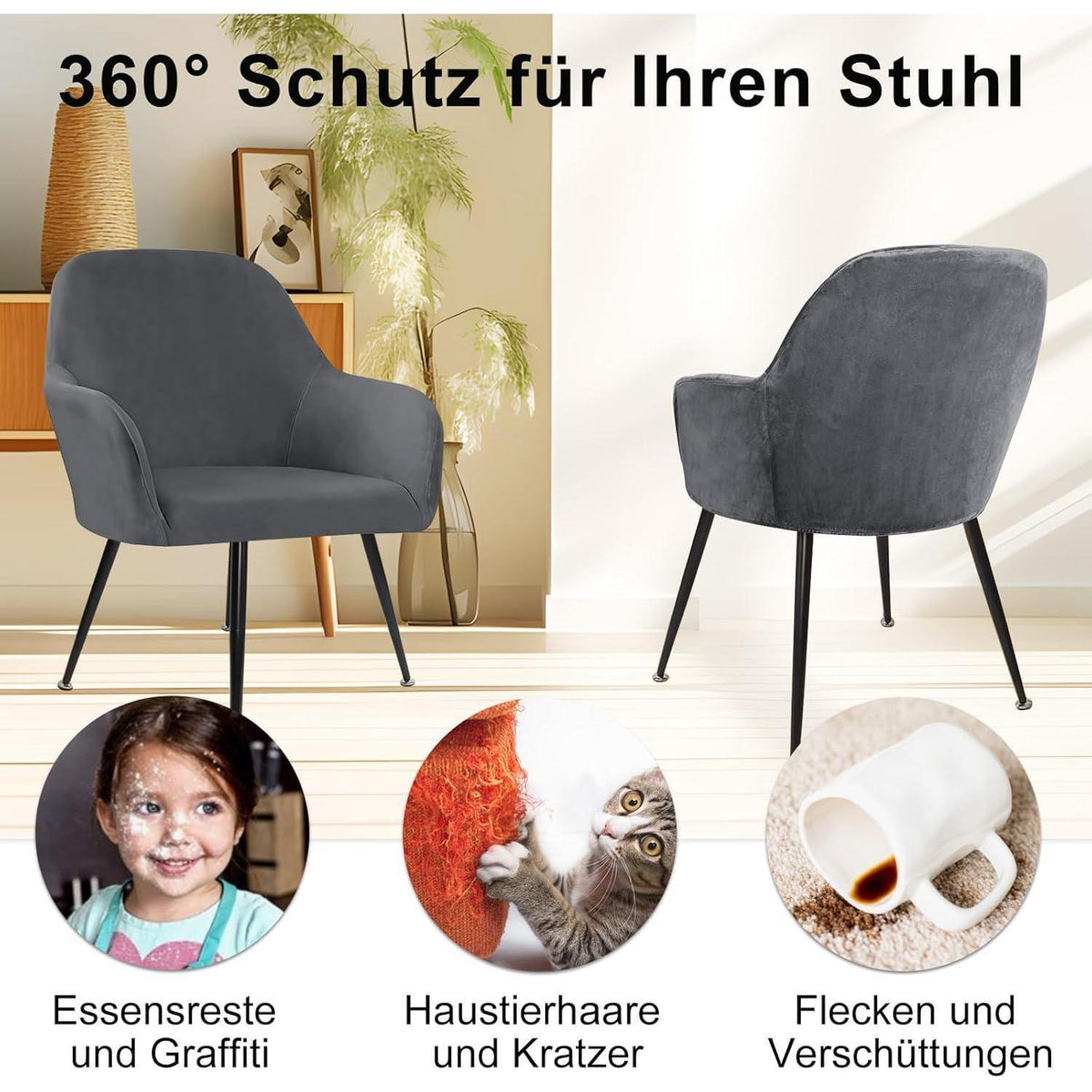 Stretch Samt Stuhlhussen Set - Grau, 4 Stück