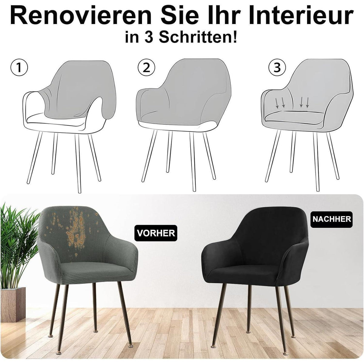 Stretch Samt Stuhlhussen 4er Set Schwarz - Universal Passform