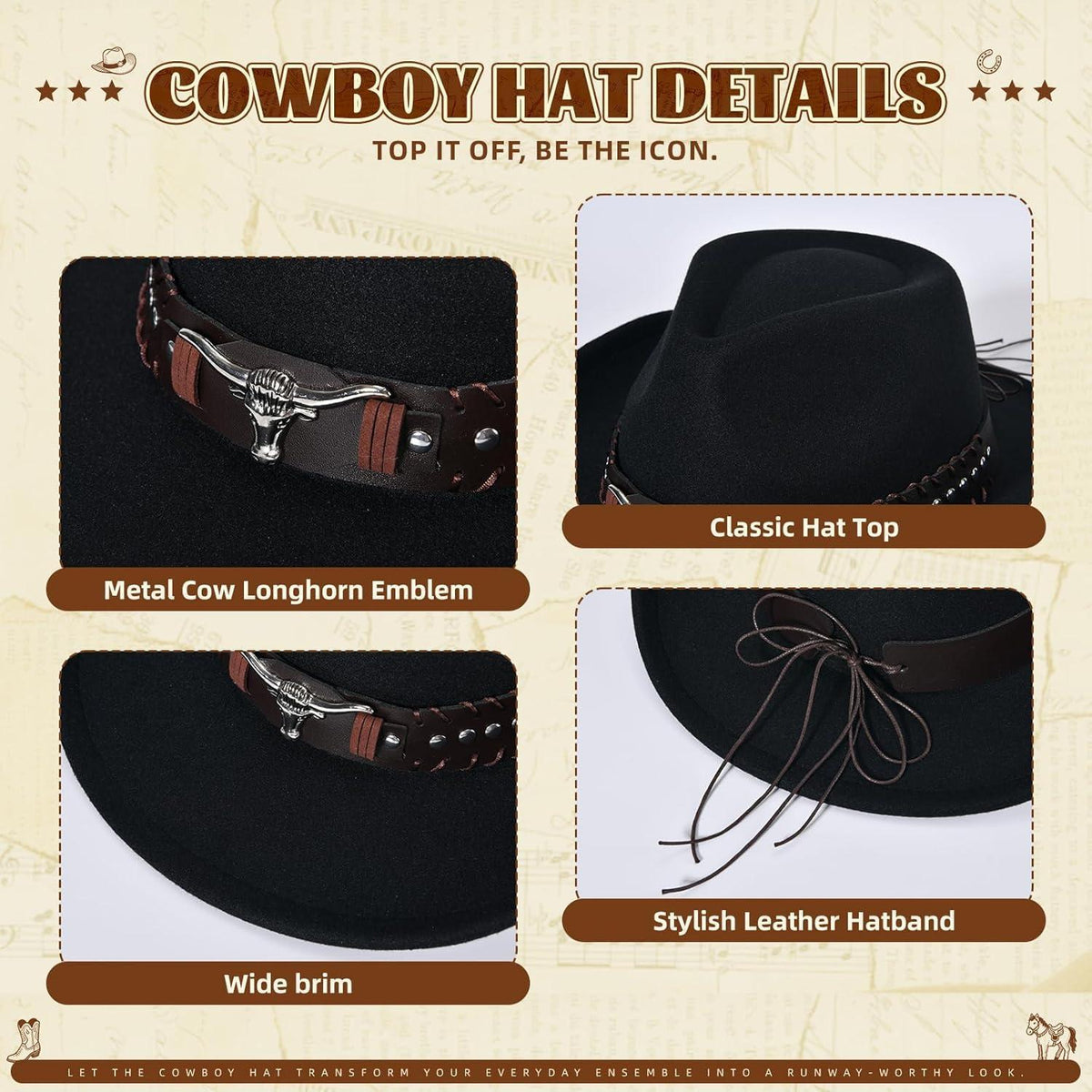 Cowboyhut mit Band und Metallakzenten in Lederoptik