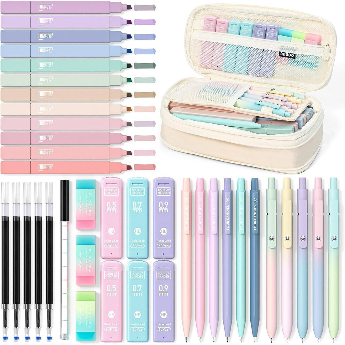 Schreibwaren-Set Mädchen: 39 Teile mit Mäppchen, Pastell-Textmarker & Gelstifte