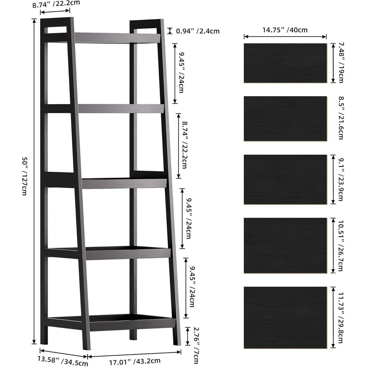 Bambusleiter-Bücherregal 5 Ablagen 127cm Schwarz