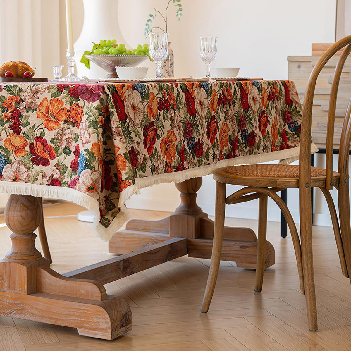 Vintage Blumen Tischdecke Rechteck mit Quasten & Leinen-Optik