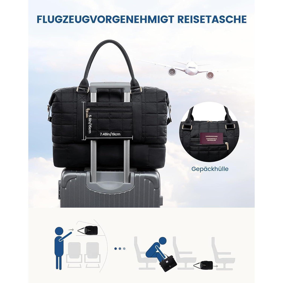 Große Reisetasche mit Schuhfach und Nassfach, Schwarz