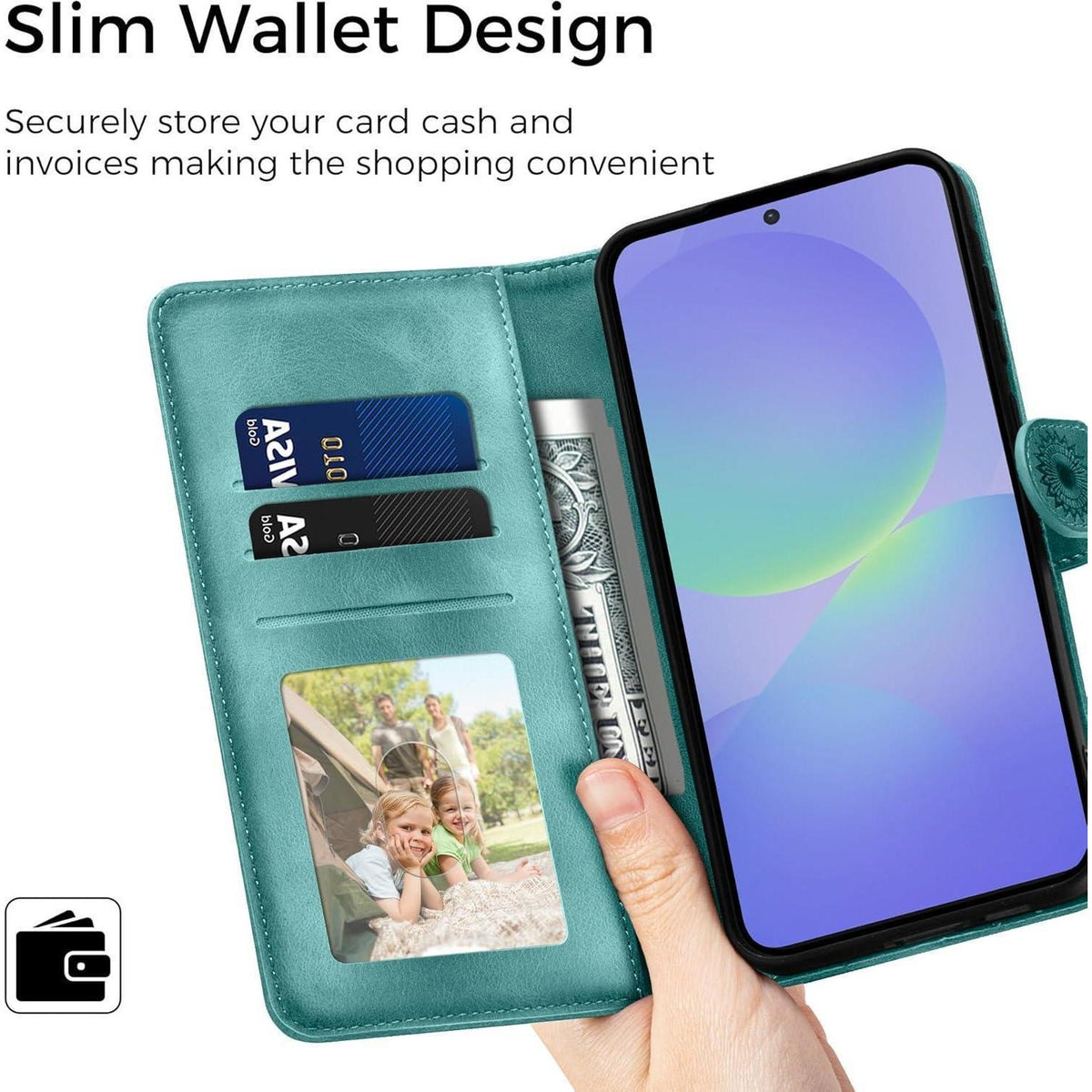 Hülle für Samsung Galaxy A36 5G mit Kartenfach, Grün in Lederoptik