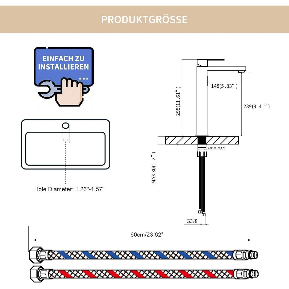 Waschtischarmatur Bad Gold Hoch - Edelstahl Mischbatterie