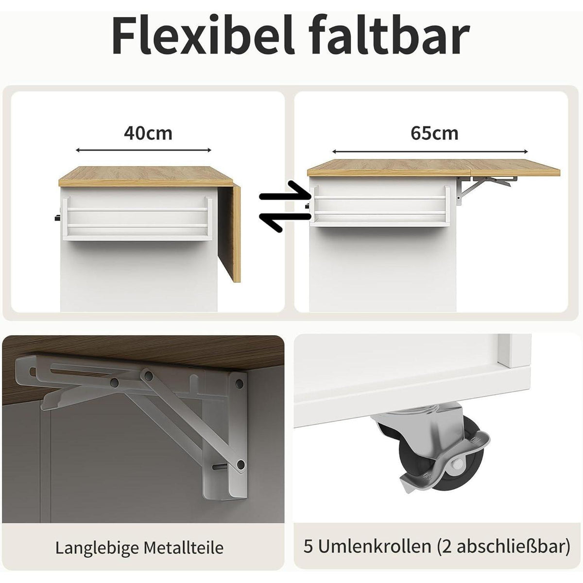 Bewegliche Kücheninsel mit abklappbarer Arbeitsplatte & Stauraum