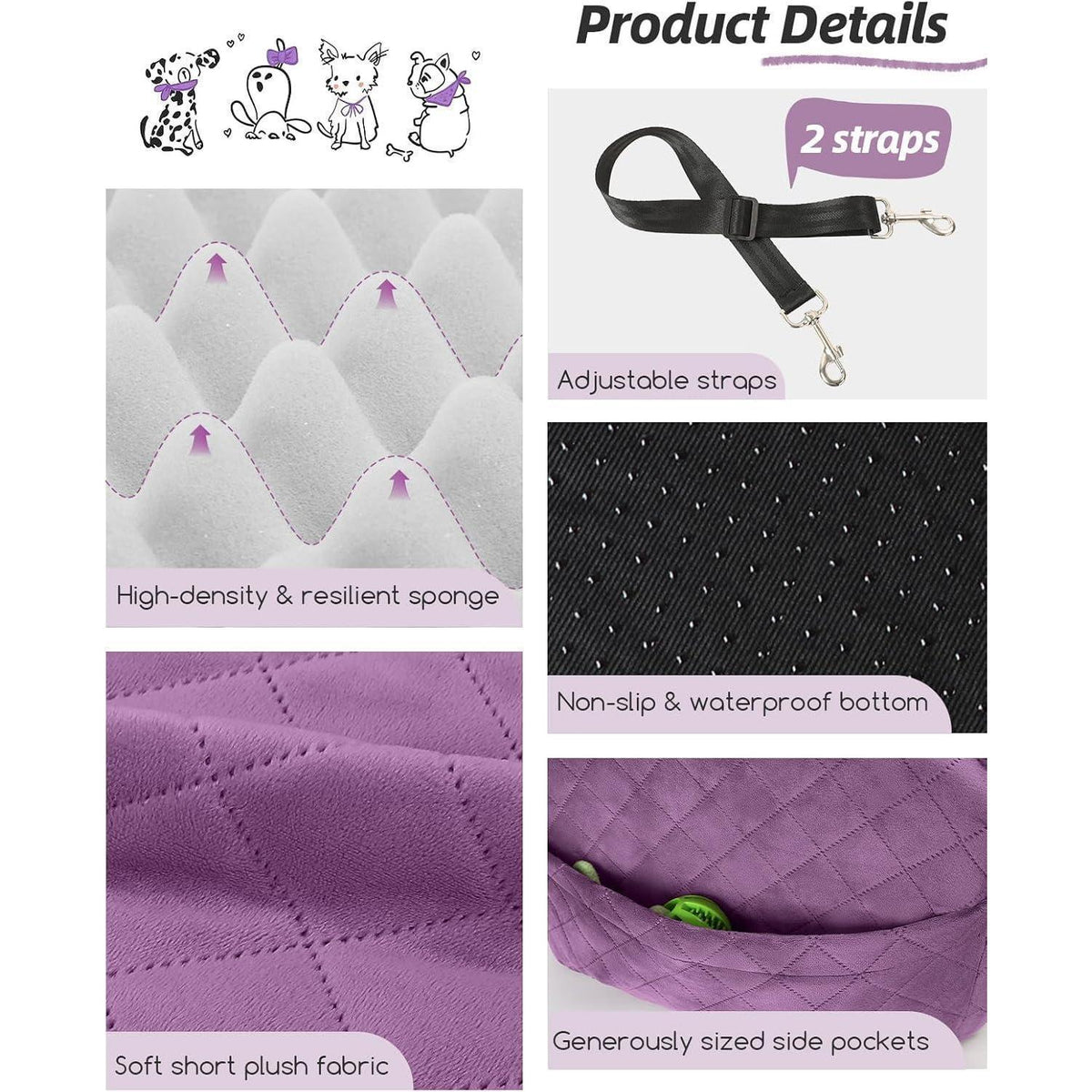 Hunde-Autositz Purple Medium mit Leinen