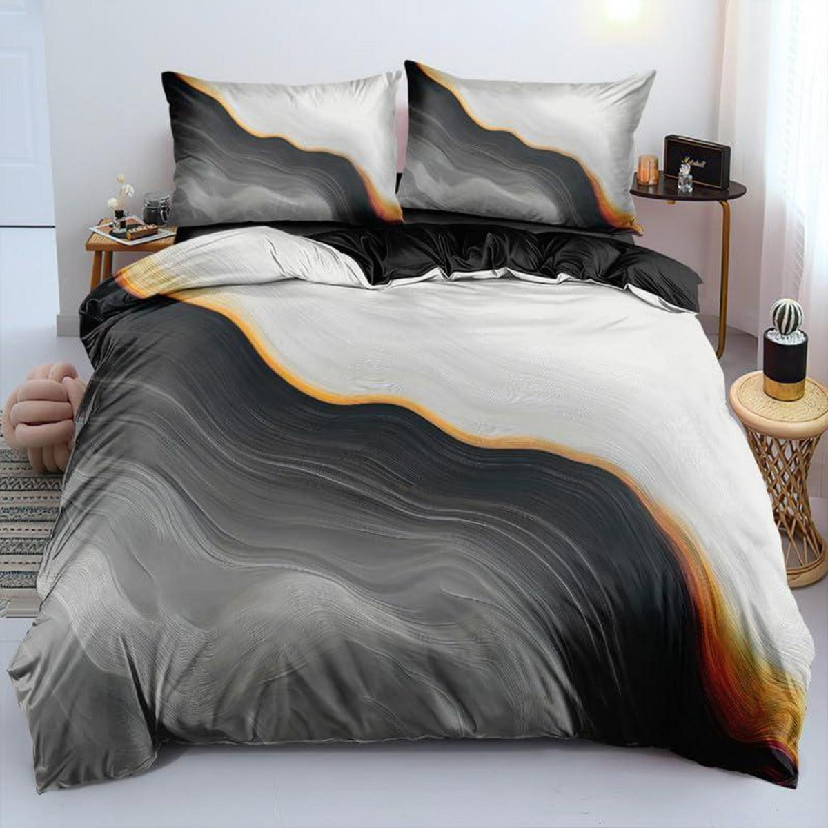 Marmor Bettwäsche Set Grau Gold 135x200cm - 3D Effekt & Luxus
