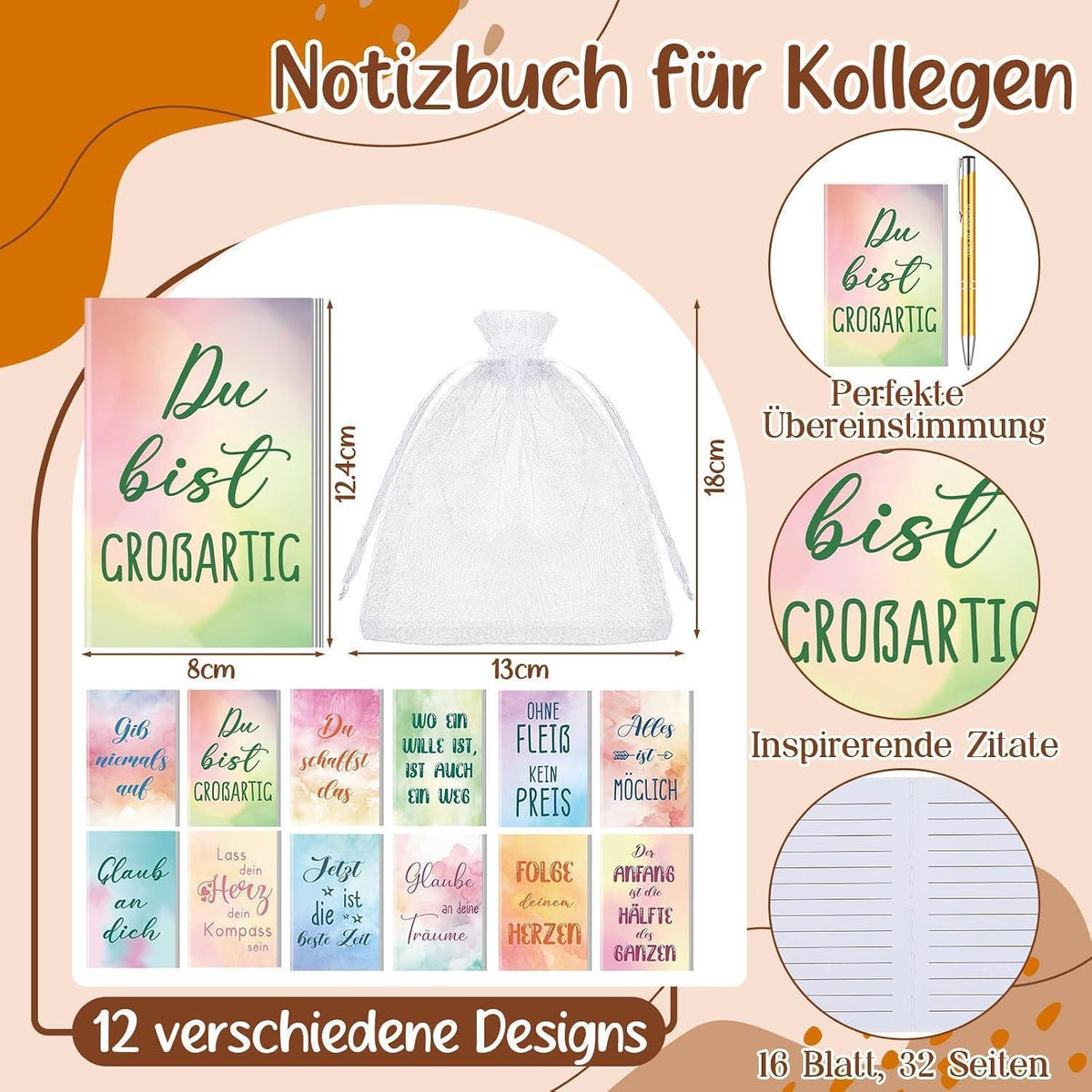 Inspirierendes Geschenkset mit Notizblöcken, Stiften & Schlüsselanhängern