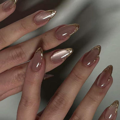 MouyouGlow Press On Nails Almond Cat Eye Rosa Gold French