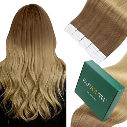 Echthaar Tape Extensions Braun Balayage Ombre 55cm