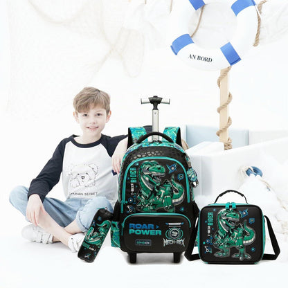Schultrolley Rucksack Kinder Grün Dinosaurier mit Rollen