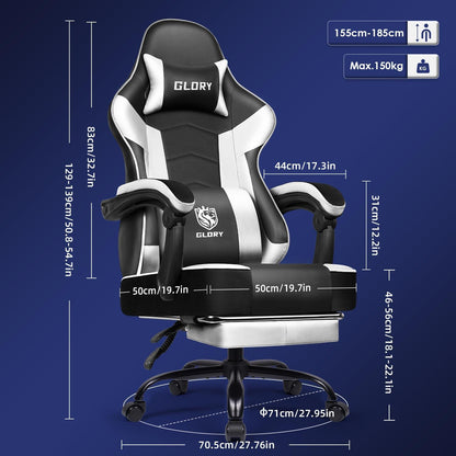 Ergonomischer Gaming Stuhl mit Fußstütze, Kopf- und