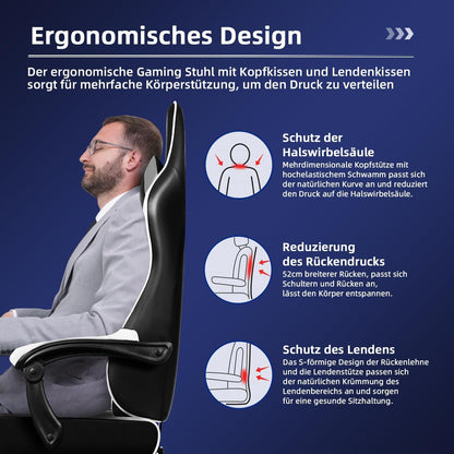 Ergonomischer Gaming Stuhl mit Fußstütze und