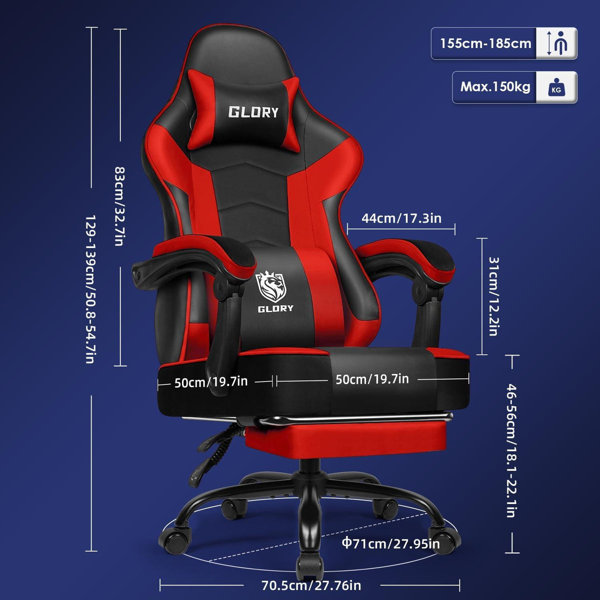 Ergonomischer Gaming Stuhl mit Fußstütze, Kopfstütze und