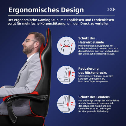 Ergonomischer Gaming Stuhl gepolstert mit Fußstütze, rot