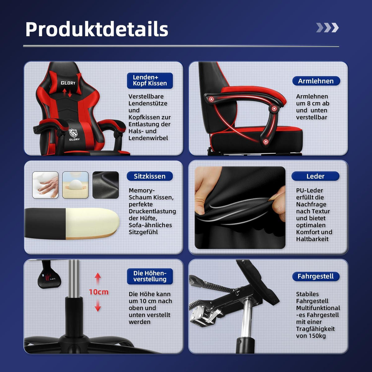 Gaming Stuhl Bürostuhl Ergonomisch höhenverstellbar gepolstert 150 kg